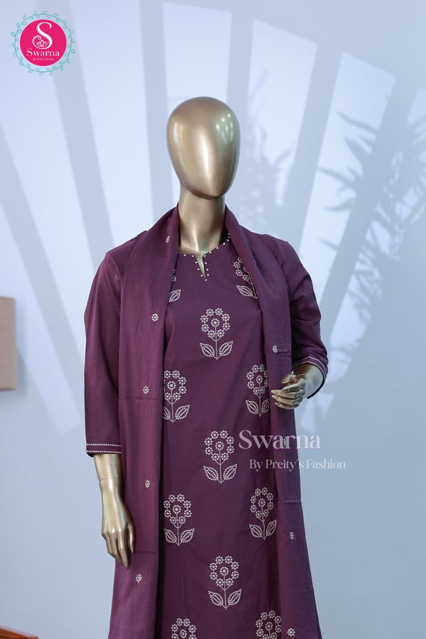 Plum Purple Floral Embroidered 3-Piece Kurta Set-SWRM153