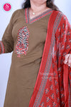Earth Charm Olive Brown with Rust Red Printed Dupatta Cotton Suit Set-SWRM659