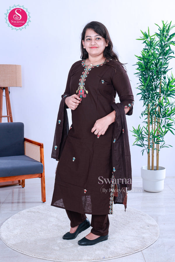 Elegant brown embroidered kurta set with matching pants and a lightweight dupatta - SWRM278