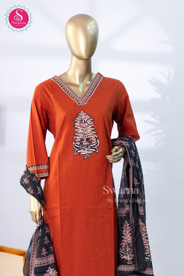 Rust Bloom Cotton Suit Set with Printed Dupatta-SWRM642