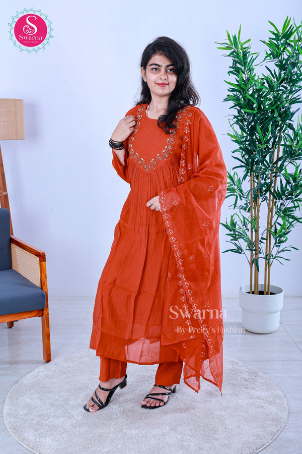 Amber BloomBurnt OrangeViscose Georgette Suit Set-SWBL330