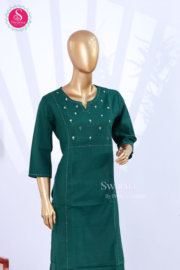 A straight fit cotton teal green top with mirror work - SWRM004