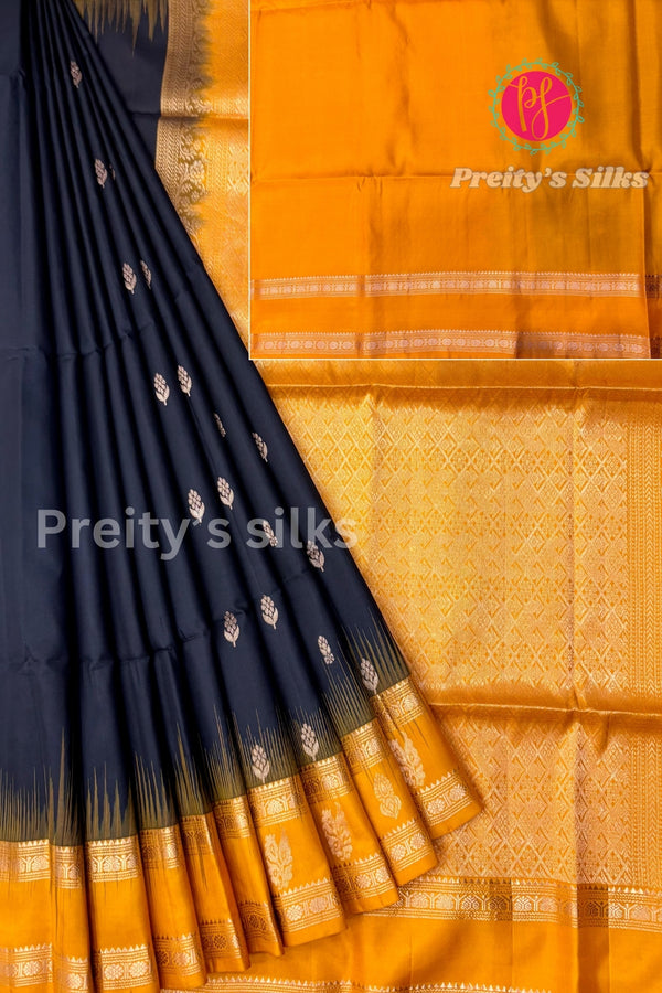 Pure Kanchipuram Silk Saree-Black And Mustardyellow-PF28853