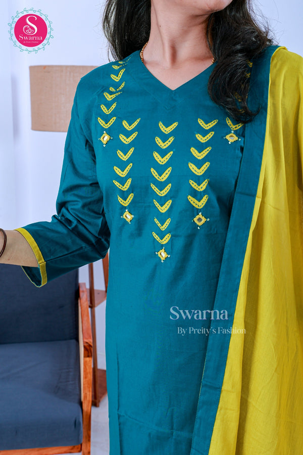 Emerald Glow Emerald Green with Mustard Yellow Viscose Rayon Suit Set-SWRM311