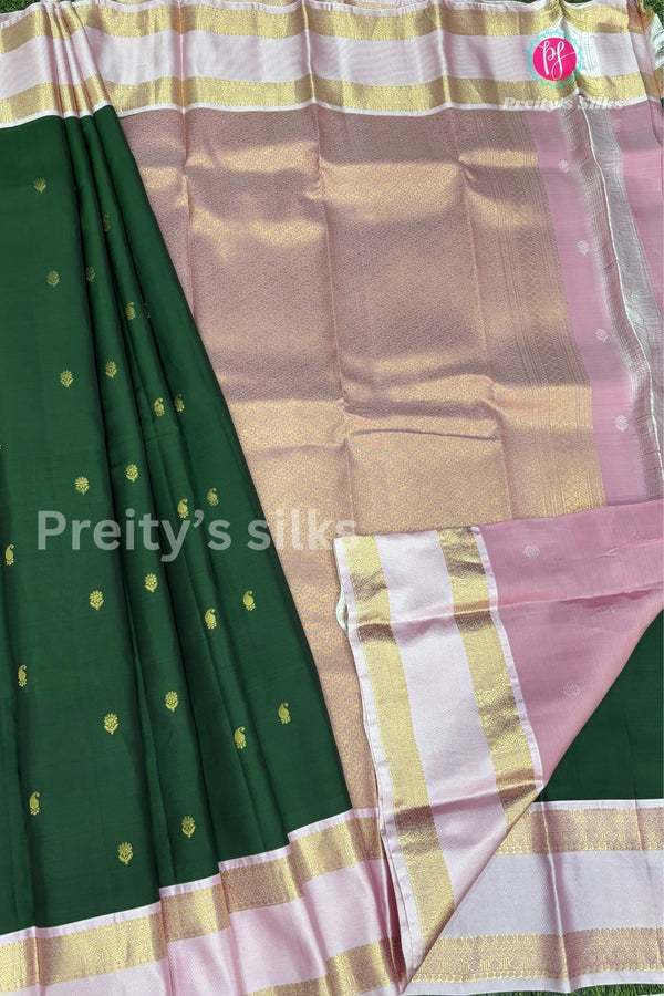 Half Pure kanchipuram Silk Saree-Bottlegreen And Lightpink-PF81376
