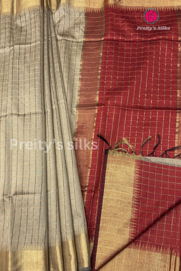 Raw Silk Saree with Checks Pattern- PA09058
