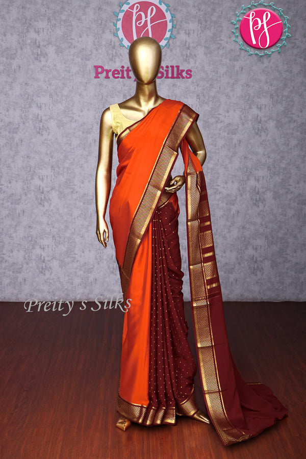 Pure Mysore Crepe Silk Saree -Rustorange And Maroon-PA10699
