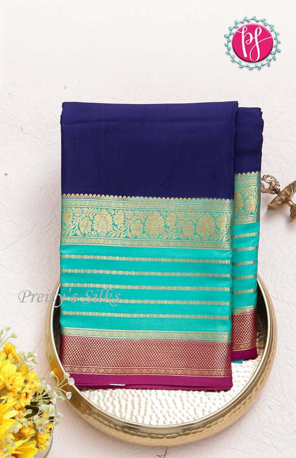 Pure Mysore Crepe Silk saree-Navyblue And Lightblue-PF45498