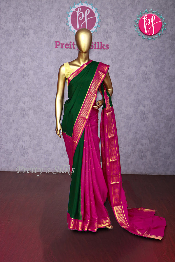 Pure Mysore Crepe Silk Saree -Bottlegreen And Pink-PA10699