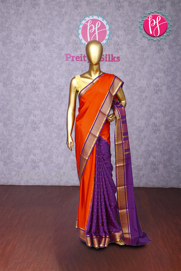 Pure Mysore Crepe Silk Saree -Orange And Purple-PA10699